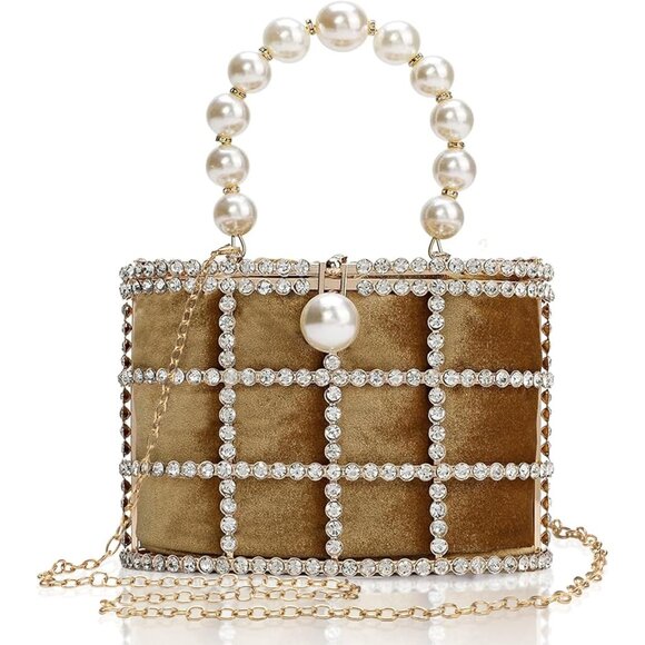 ⚡Women's Gold Detachable Pearl Diamond Chain Soft Velvet Shoulder Clutch Handbag - Picture 1 of 5